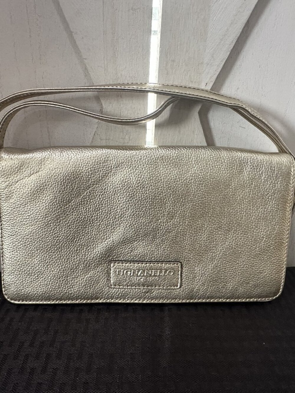 Tignanello Metallic Gold Leather Crossbody Clutch | Removable Strap
